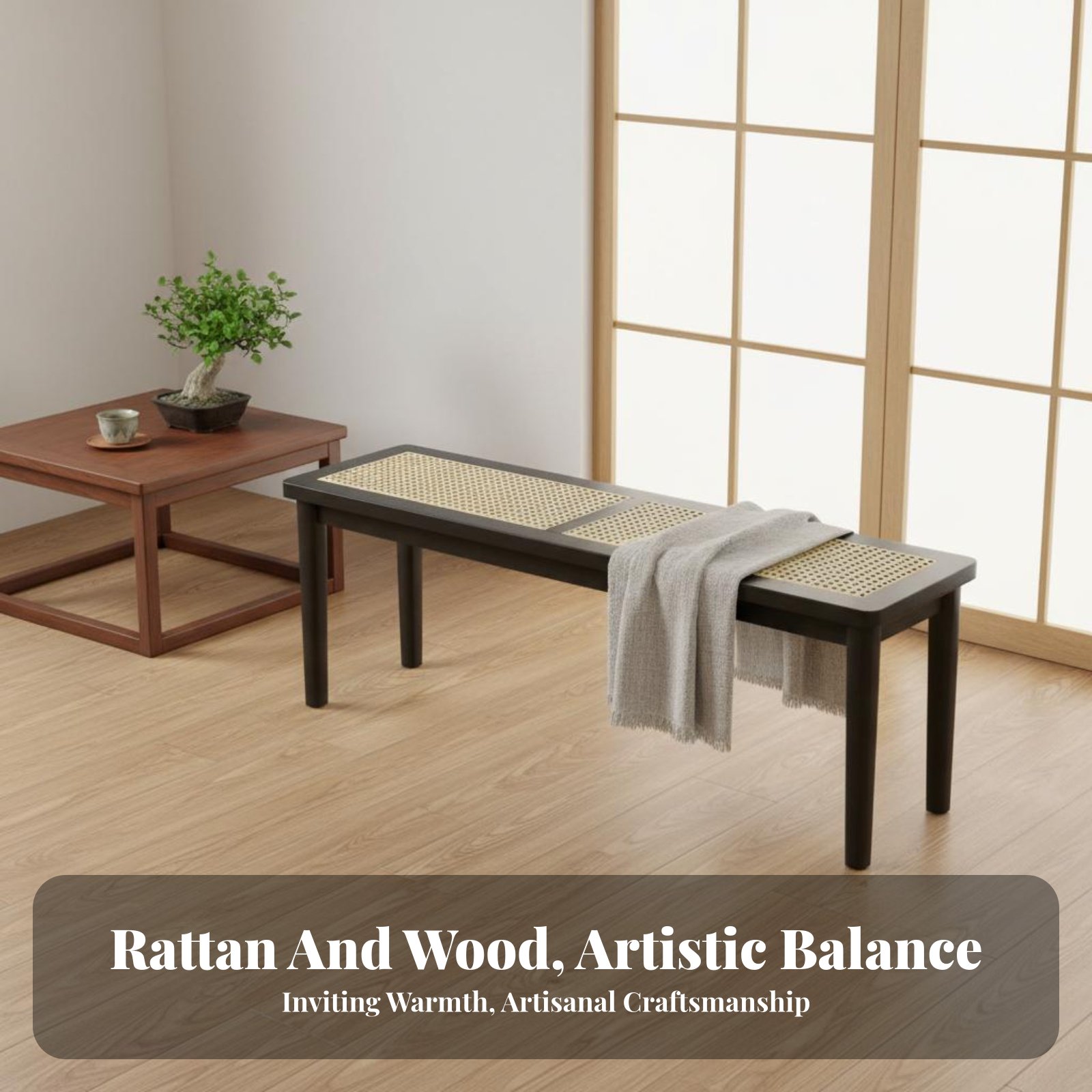 Woven Top Wooden Bench Sturdy  - Interior Design Japanese ulasan dan harga